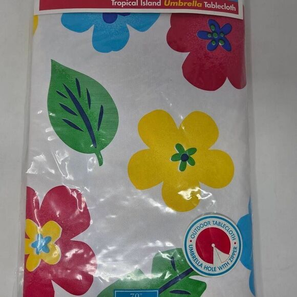 VINTAGE BED BATH & BEYOND UMBRELLA TABLECLOTH SUMMER FLORAL 70" ROUND VINYL NEW - Picture 4 of 7
